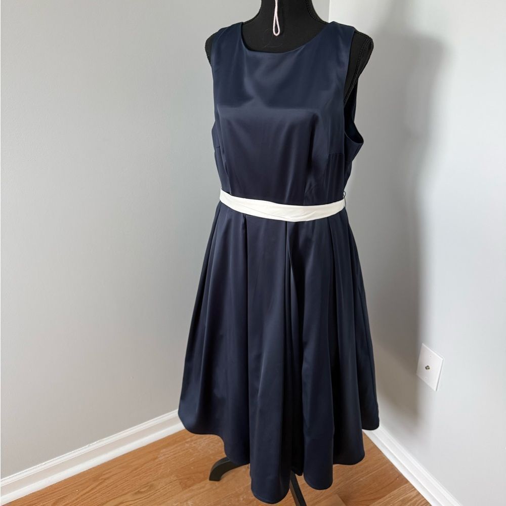 Collectif Navy Satin Formal Dress with White Belt